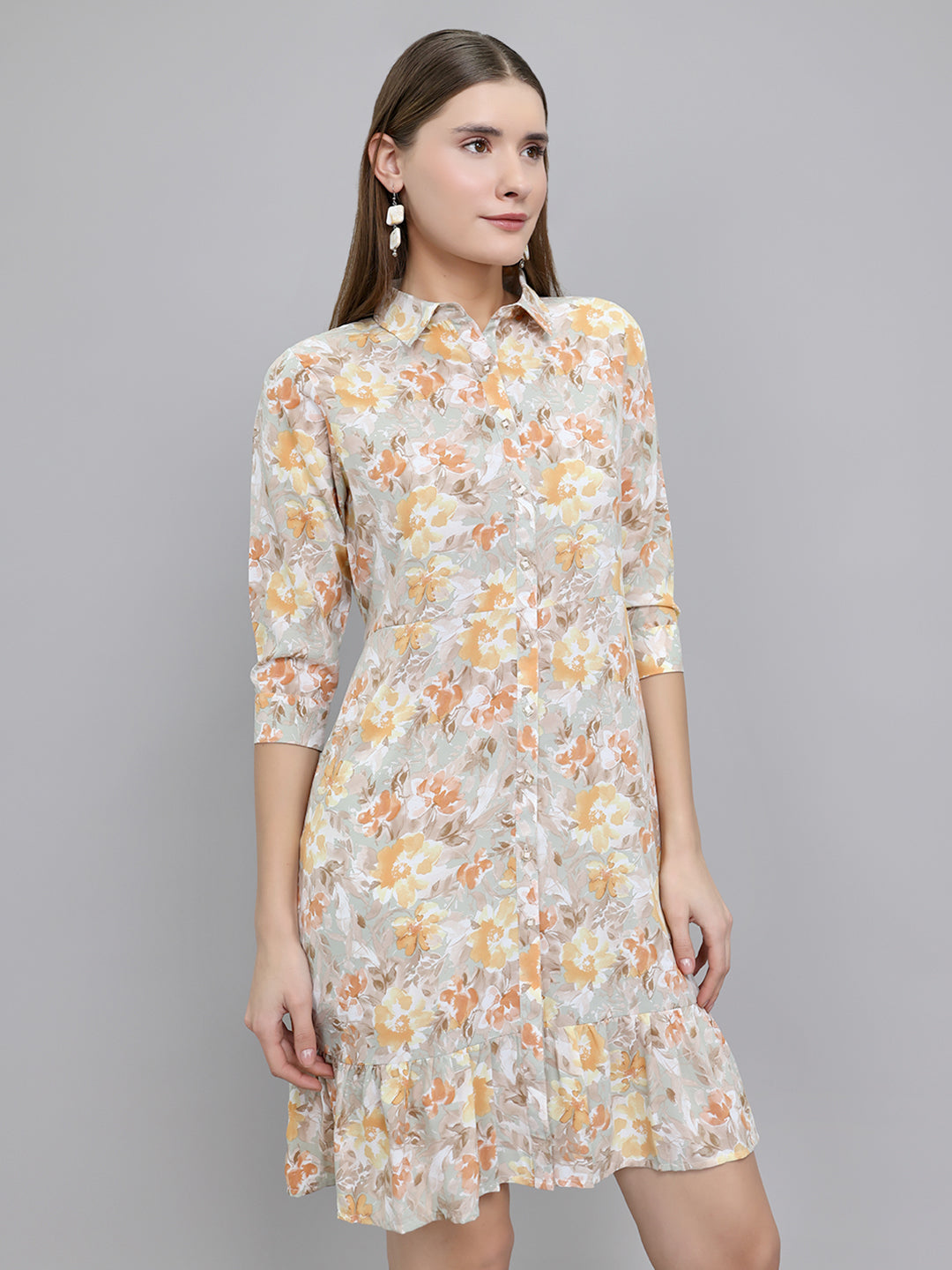 Women Camel Brown Floral Print Collar 3/4th Sleeve Tunic