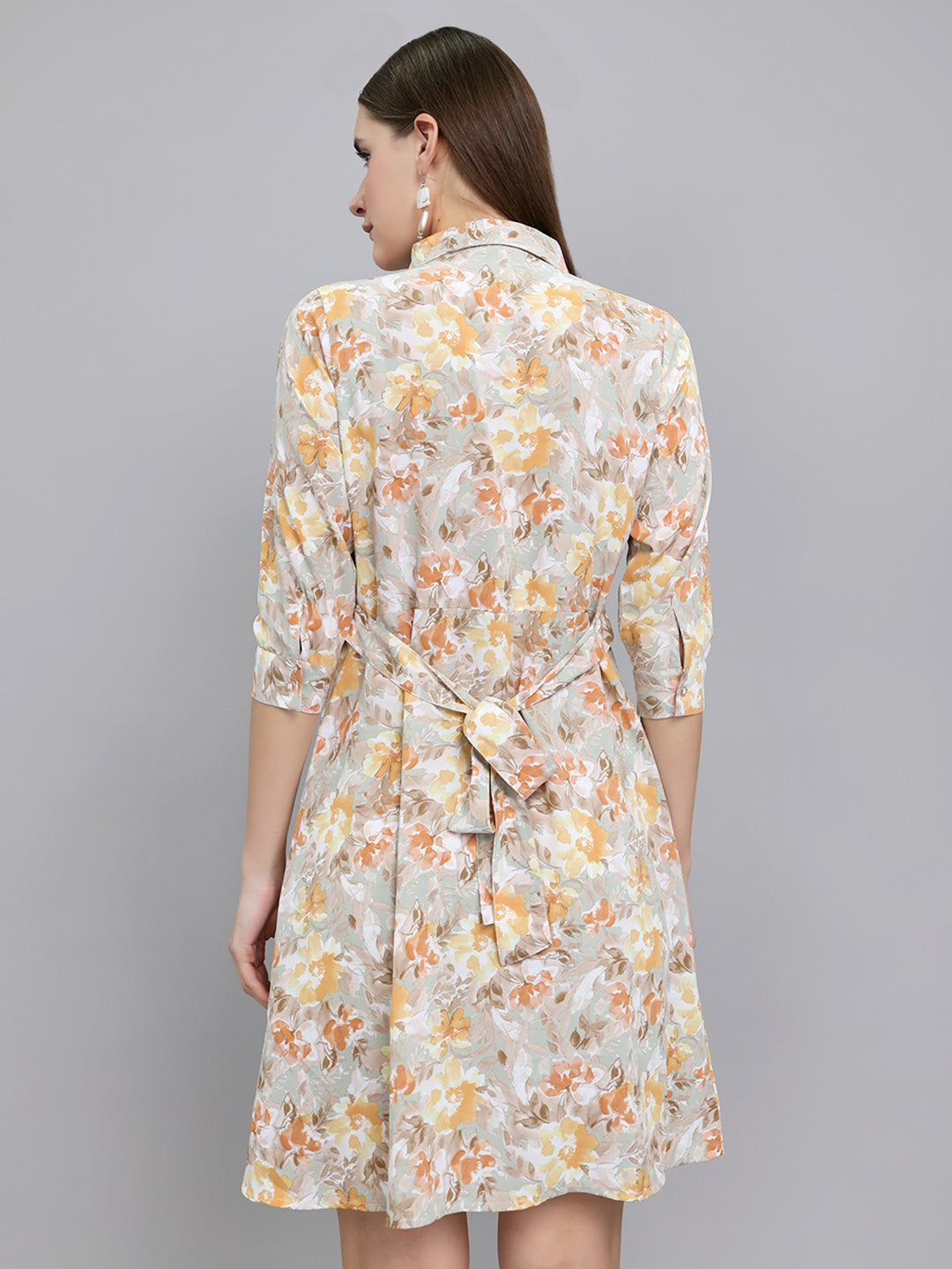 Women Camel Brown Floral Print Collar 3/4th Sleeve Tunic