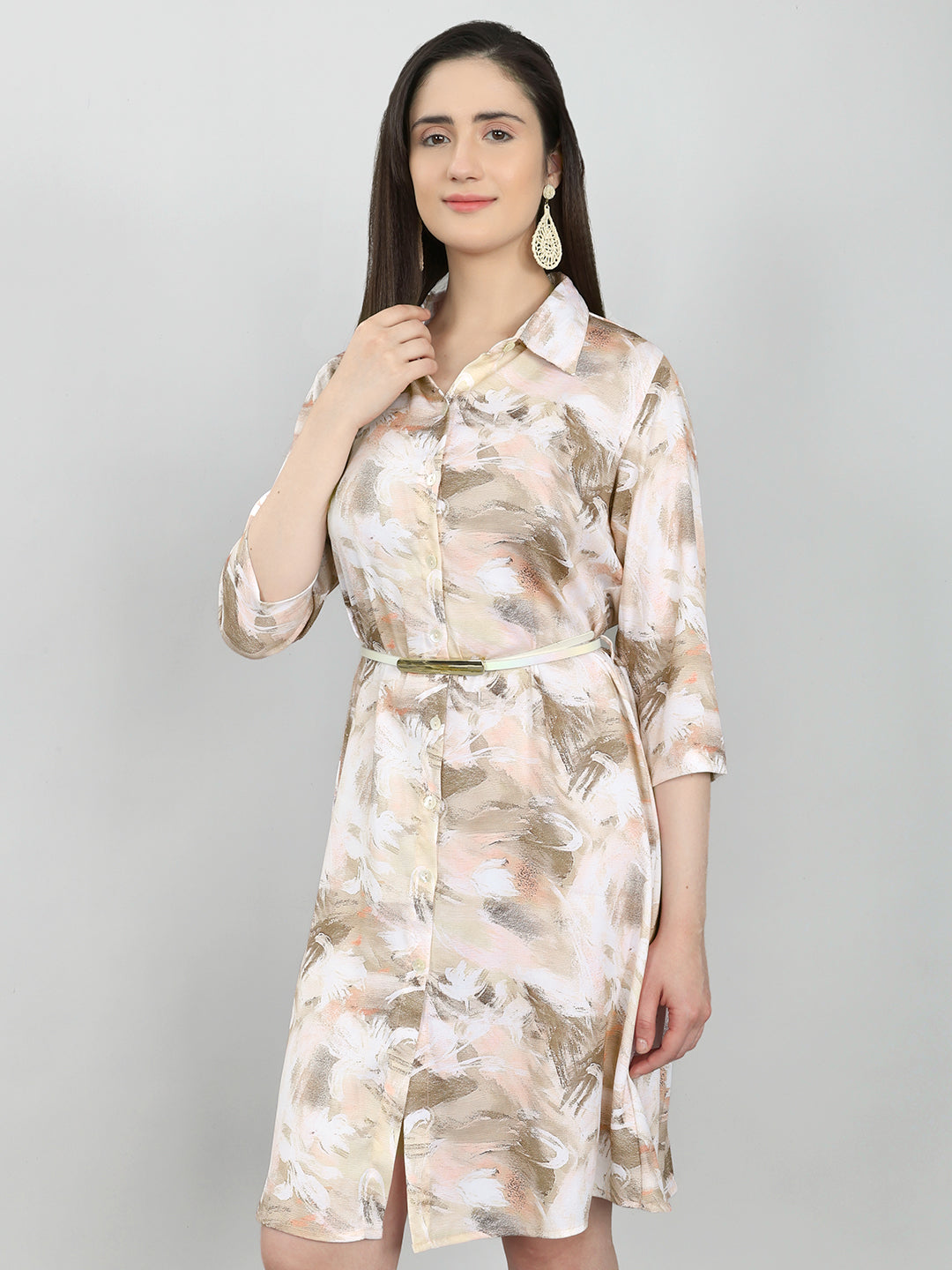 Women Brown Printed Collar 3/4th Sleeve Tunic
