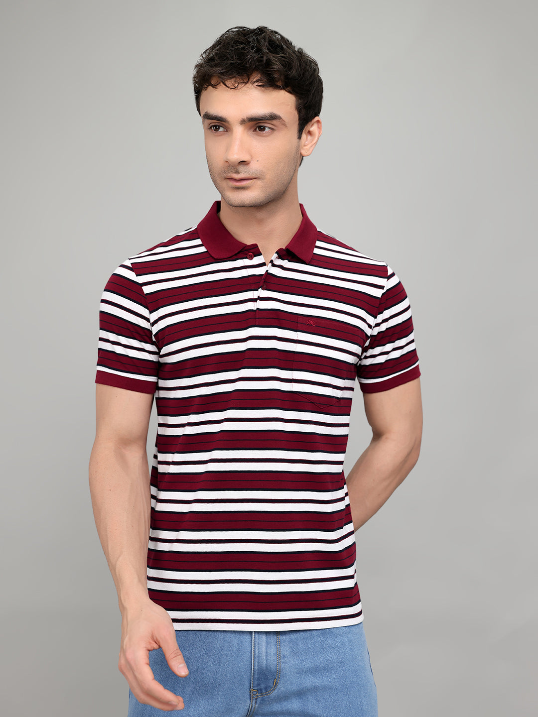 Men Maroon Stripe Collar Half Sleeve T-Shirt