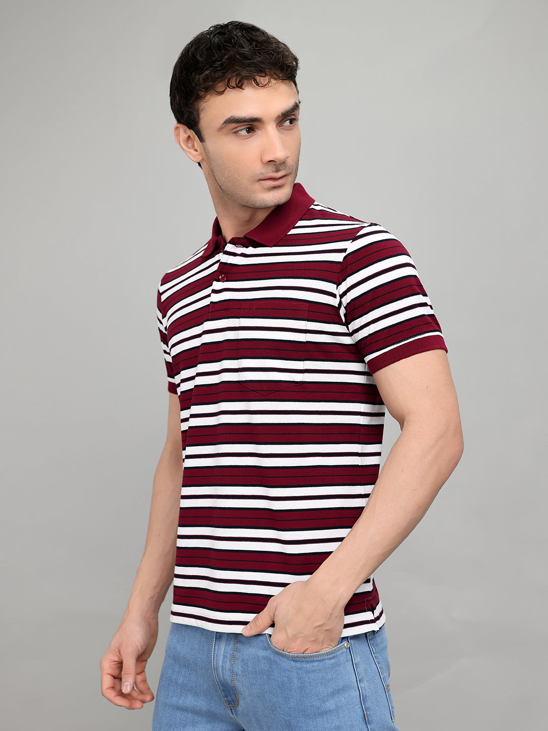 Men Maroon Stripe Collar Half Sleeve T-Shirt