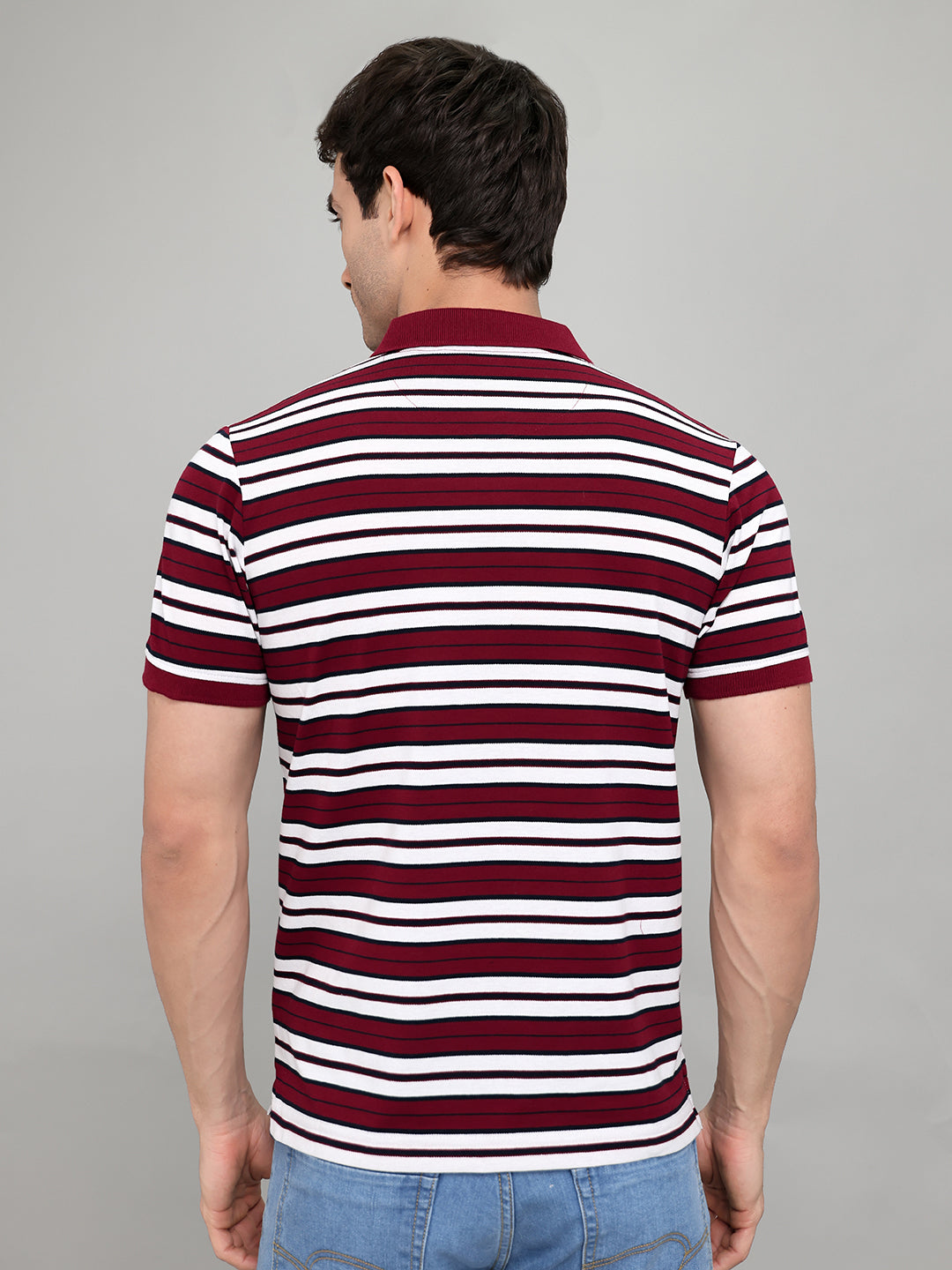 Men Maroon Stripe Collar Half Sleeve T-Shirt
