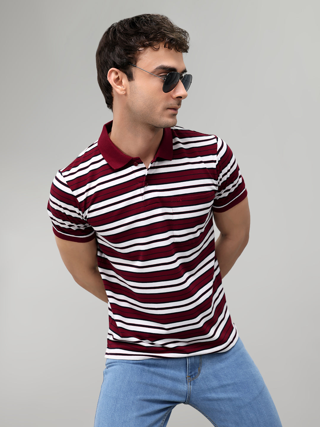 Men Maroon Stripe Collar Half Sleeve T-Shirt