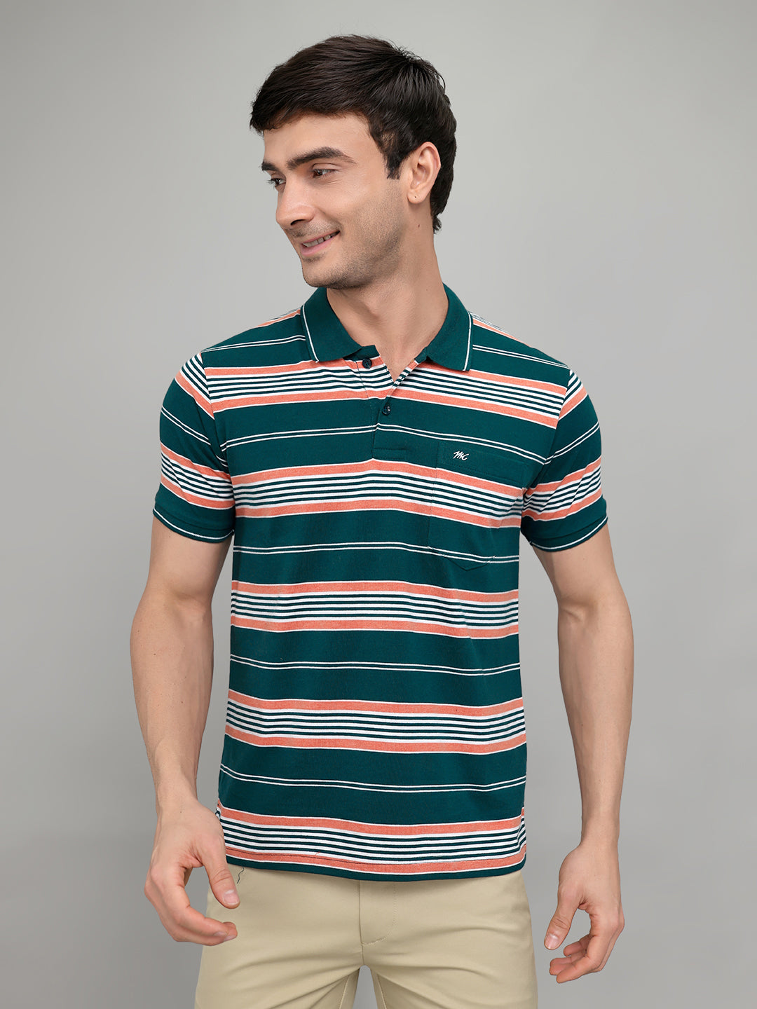 Men Green Stripe Collar Half Sleeve T-Shirt