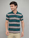Men Green Stripe Collar Half Sleeve T-Shirt