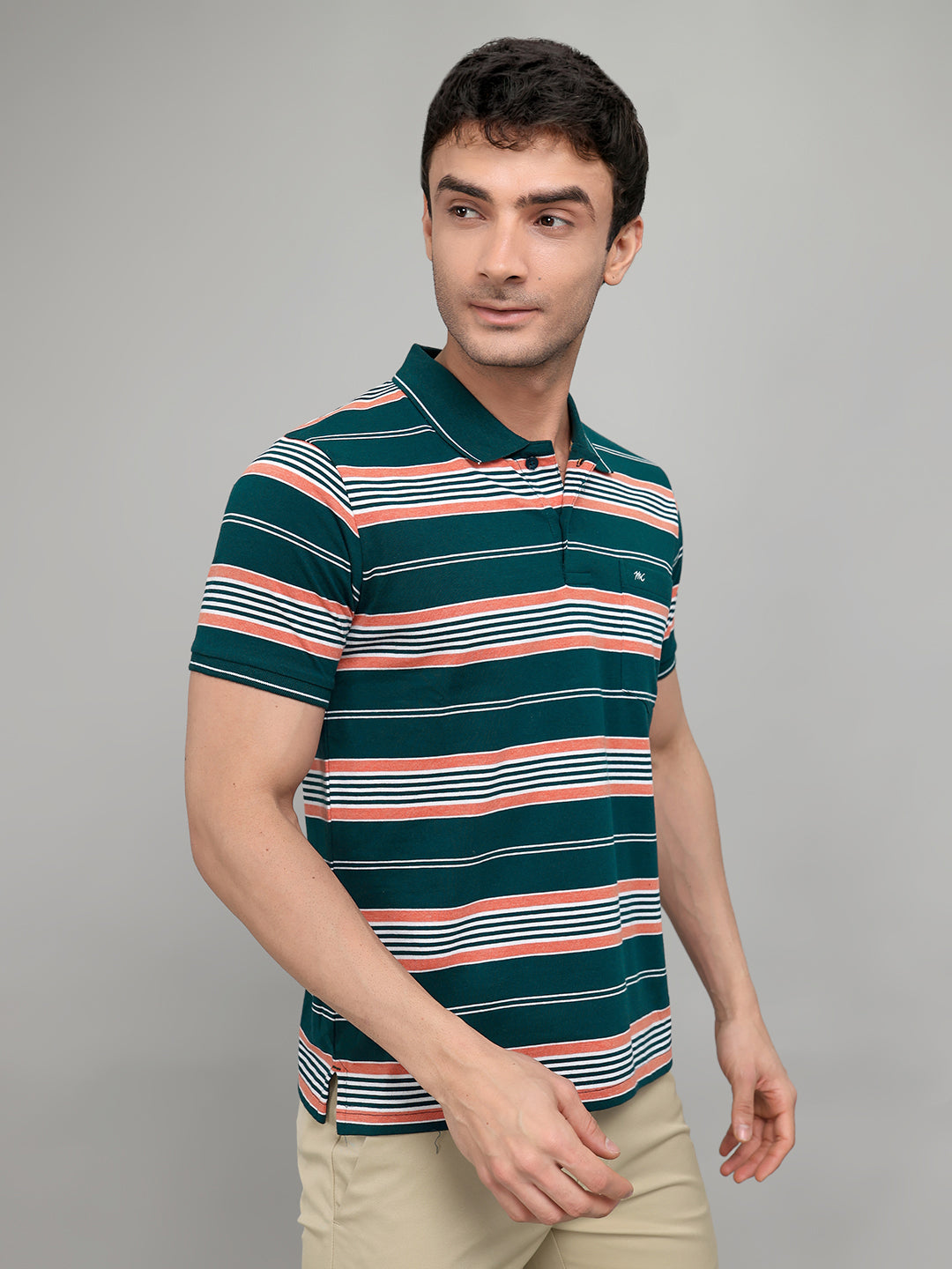 Men Green Stripe Collar Half Sleeve T-Shirt