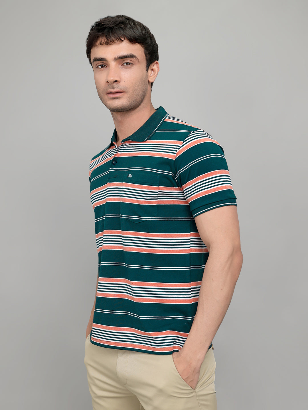 Men Green Stripe Collar Half Sleeve T-Shirt