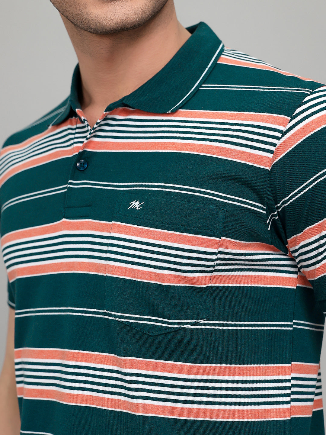 Men Green Stripe Collar Half Sleeve T-Shirt