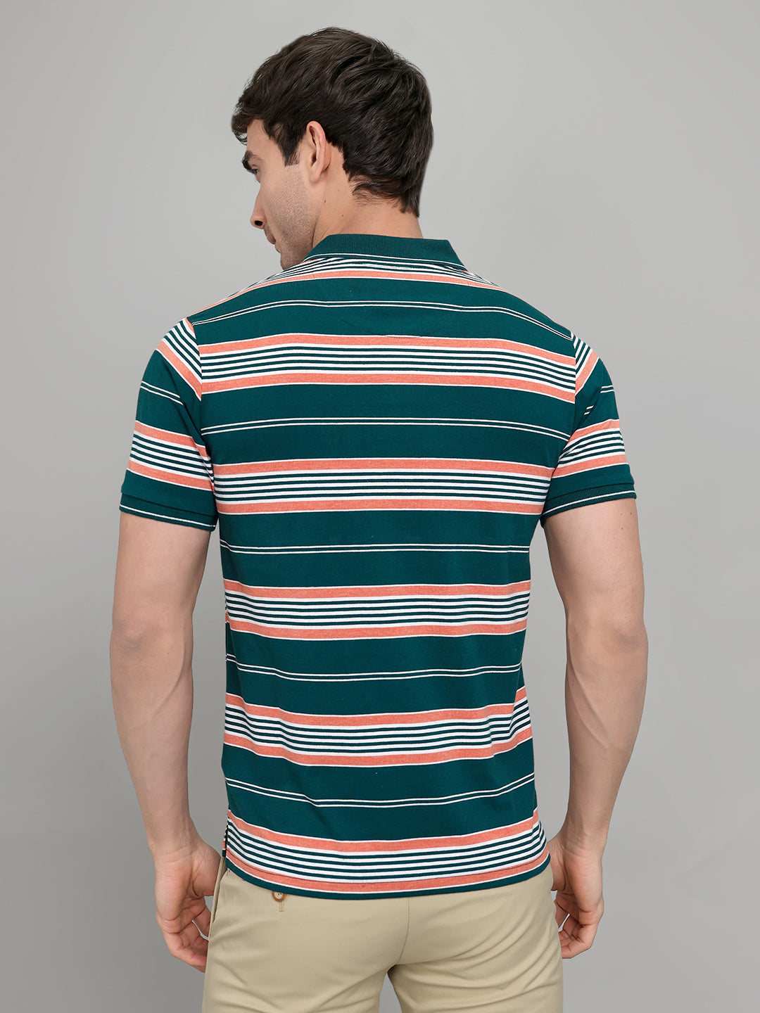 Men Green Stripe Collar Half Sleeve T-Shirt