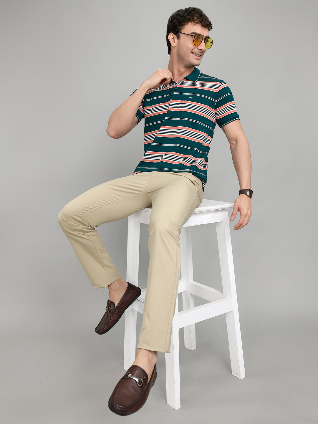 Men Green Stripe Collar Half Sleeve T-Shirt