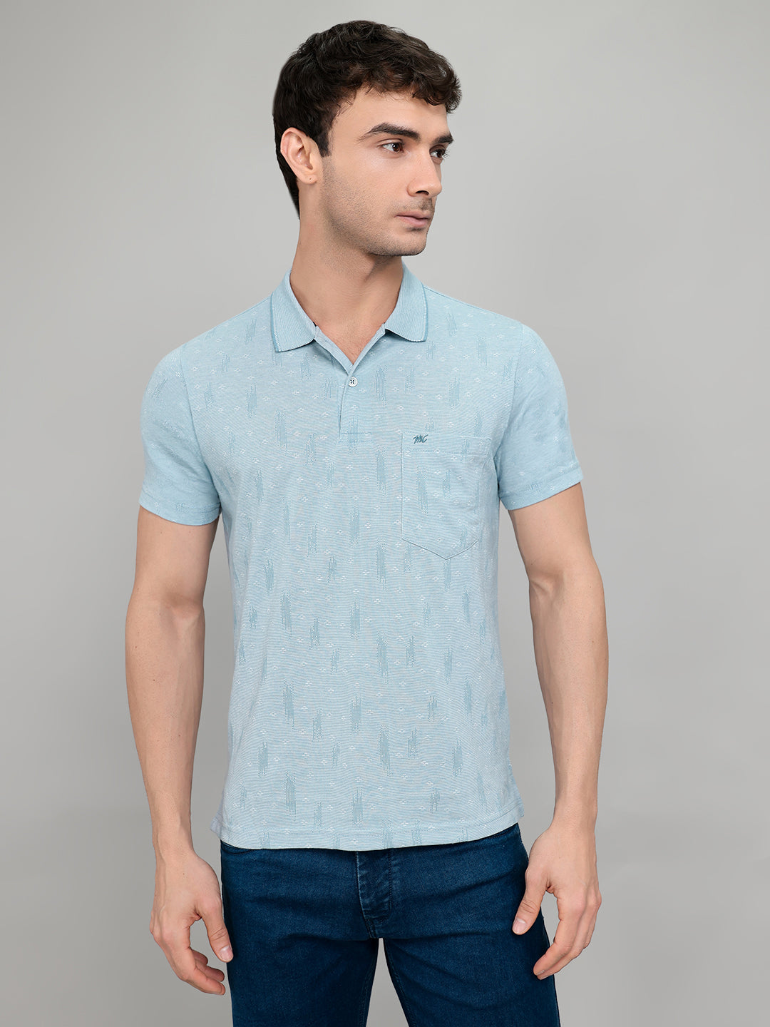 Men Sky Blue Stripe Collar Half Sleeve T-Shirt