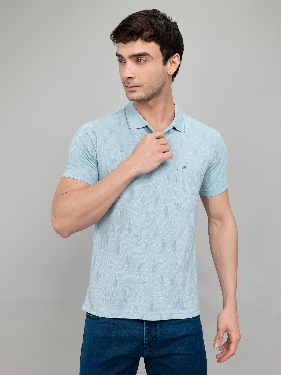 Men Sky Blue Stripe Collar Half Sleeve T-Shirt