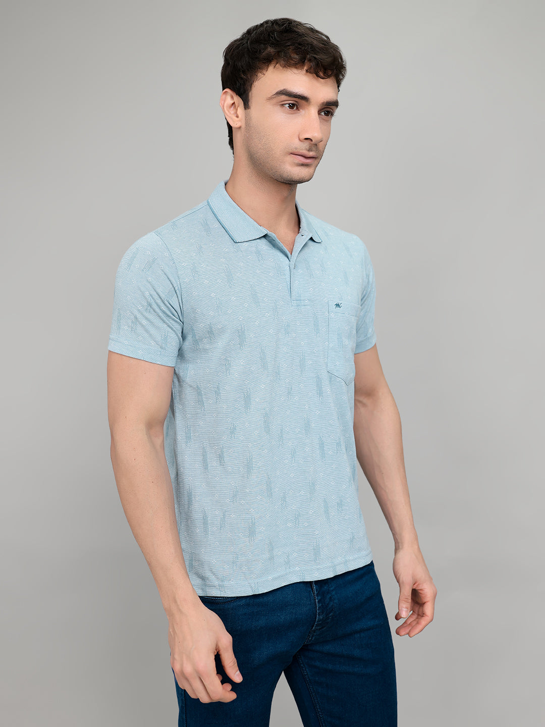 Men Sky Blue Stripe Collar Half Sleeve T-Shirt