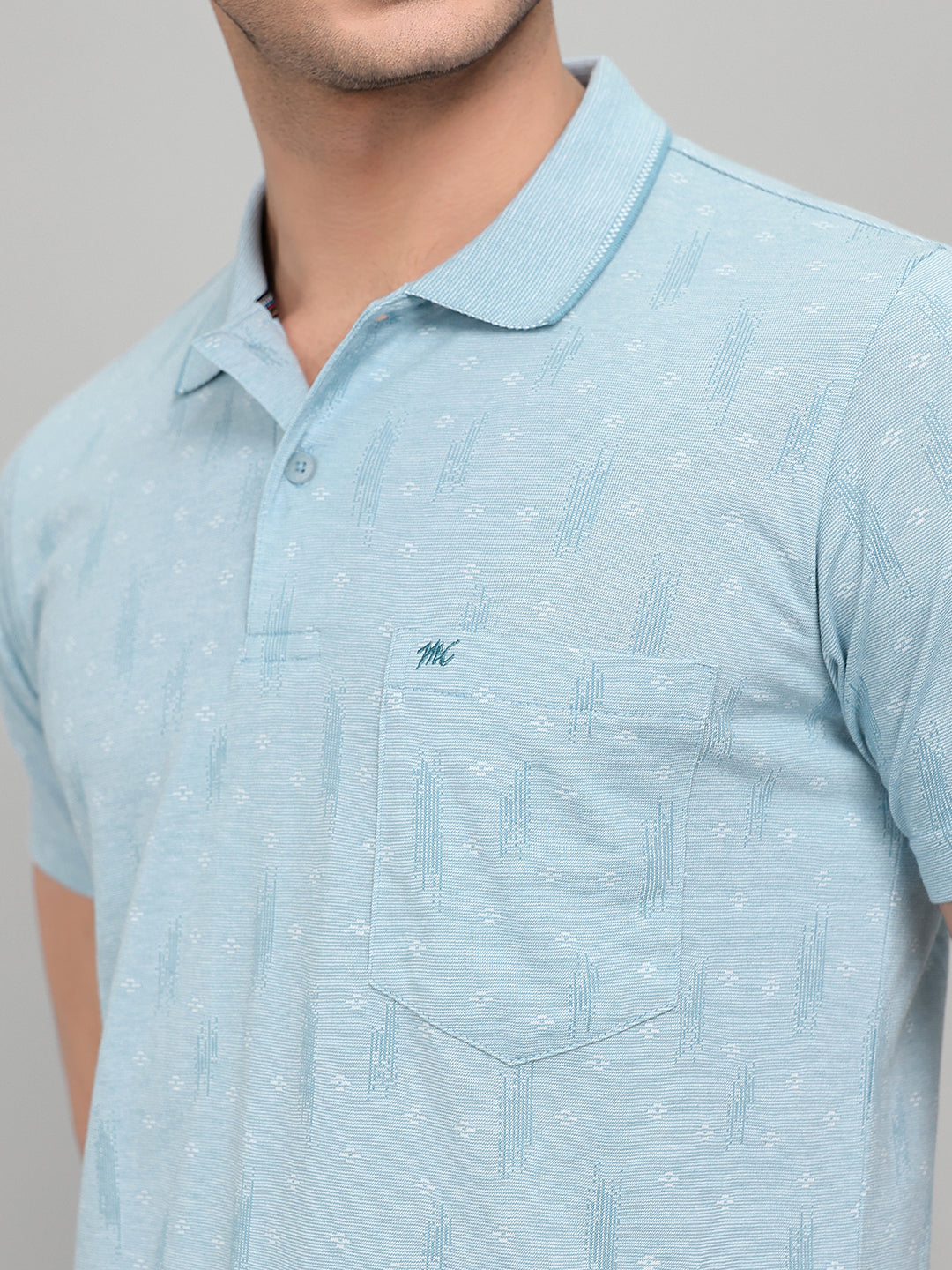 Men Sky Blue Stripe Collar Half Sleeve T-Shirt