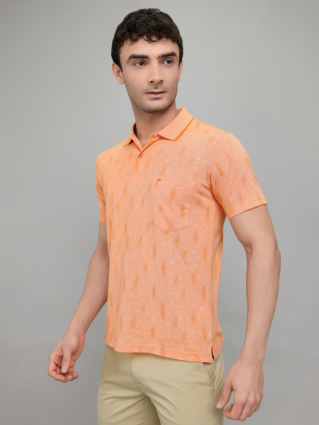 Men Orange Stripe Collar Half Sleeve T-Shirt