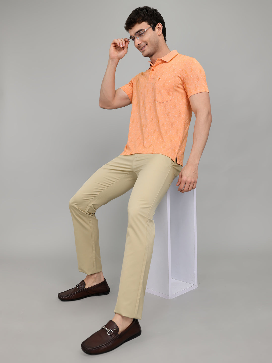 Men Orange Stripe Collar Half Sleeve T-Shirt