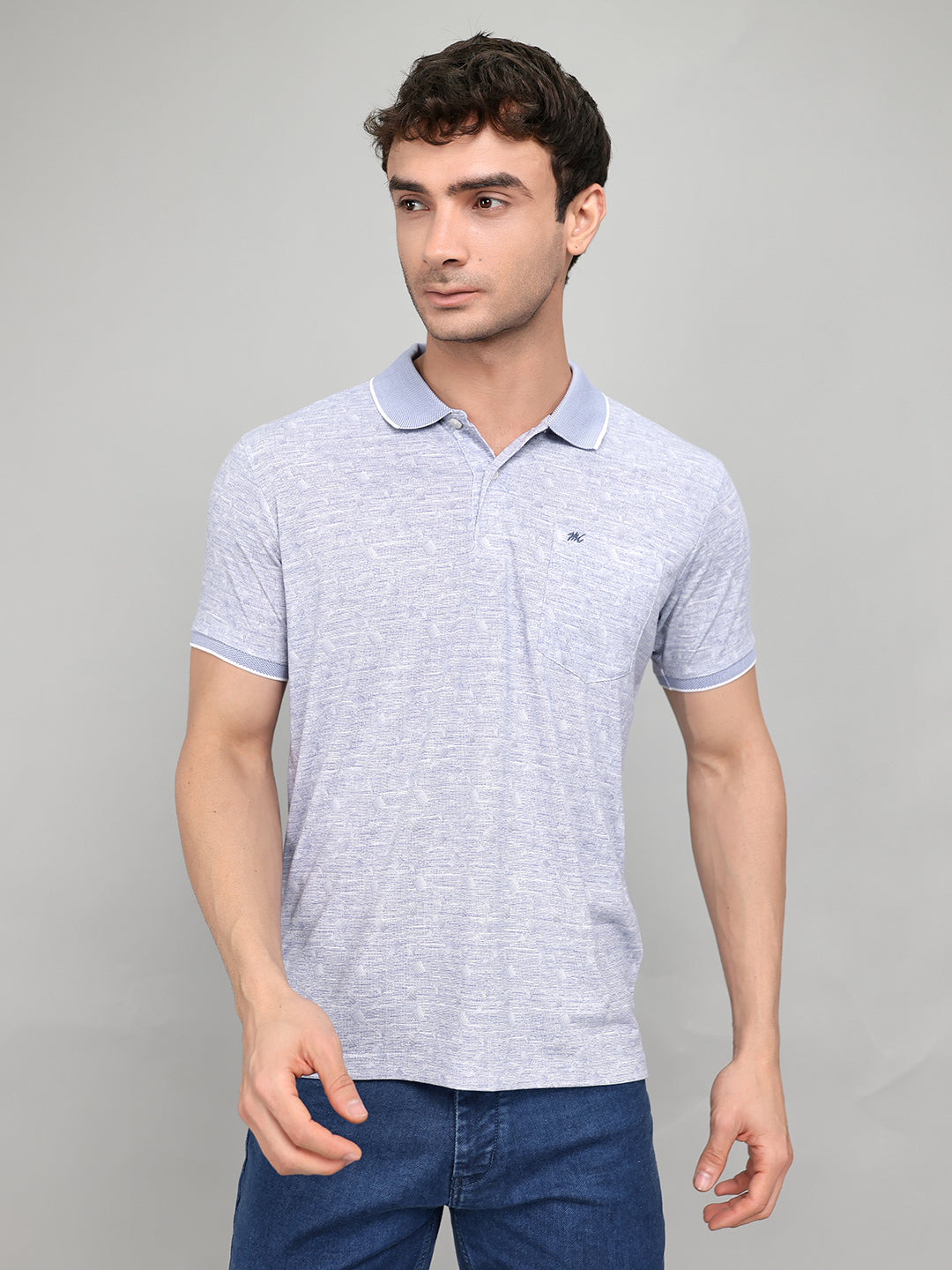 Men Blue Printed Collar Half Sleeve T-Shirt