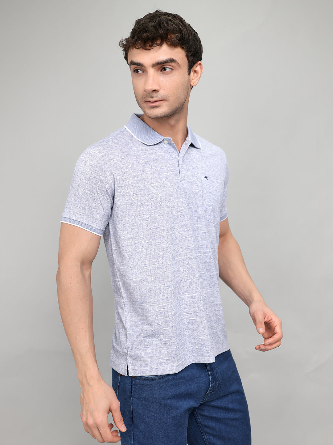 Men Blue Printed Collar Half Sleeve T-Shirt