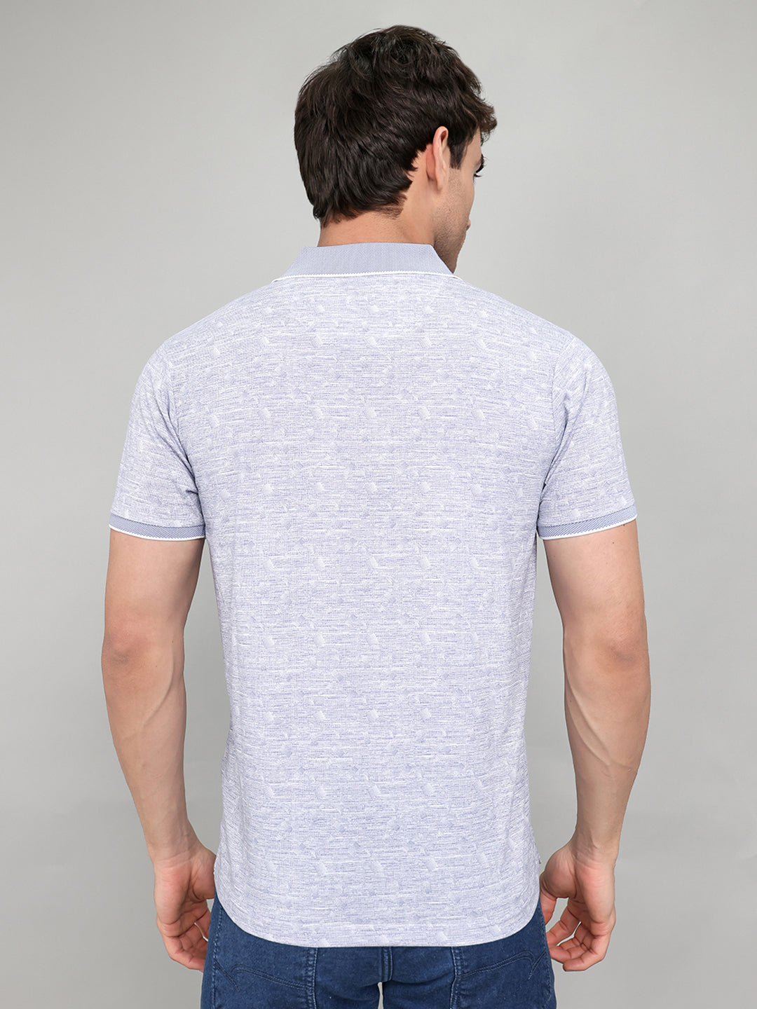 Men Blue Printed Collar Half Sleeve T-Shirt