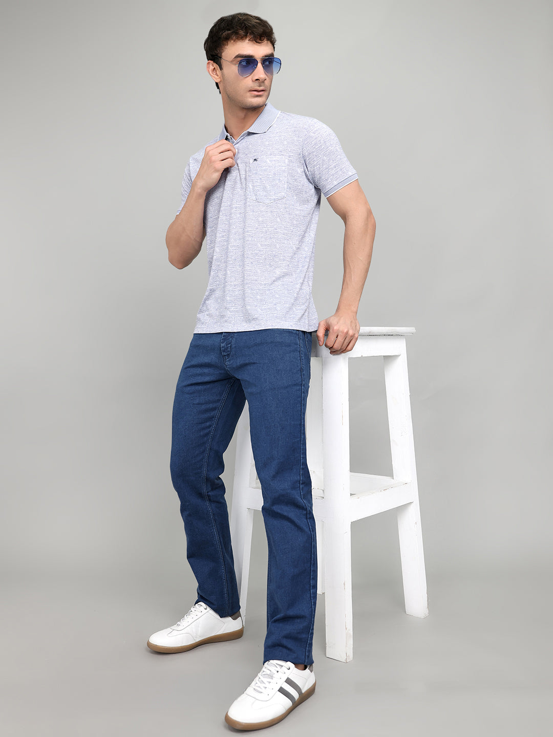 Men Blue Printed Collar Half Sleeve T-Shirt