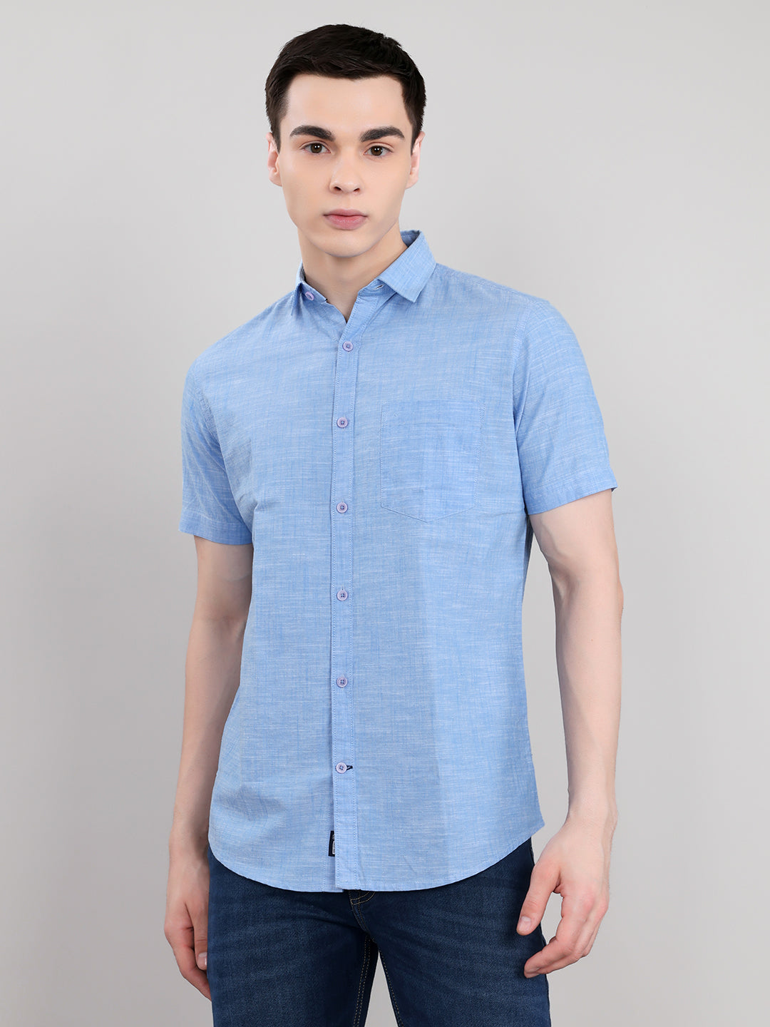 Men Blue Solid Collar Half Sleeve Shirt