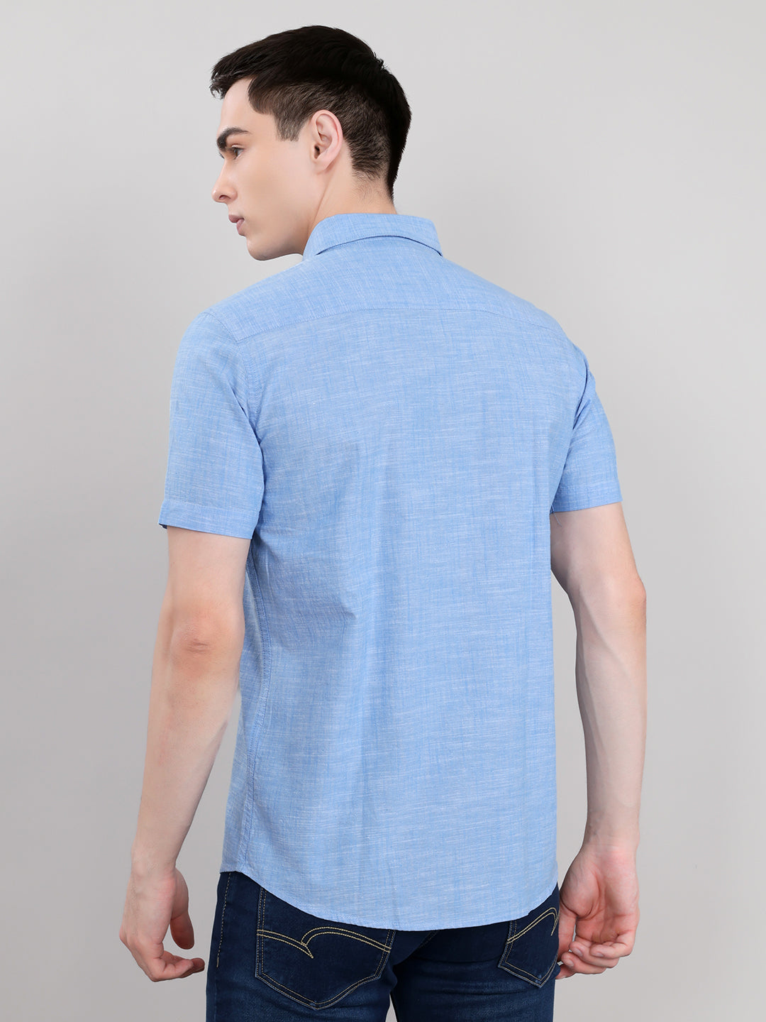Men Blue Solid Collar Half Sleeve Shirt