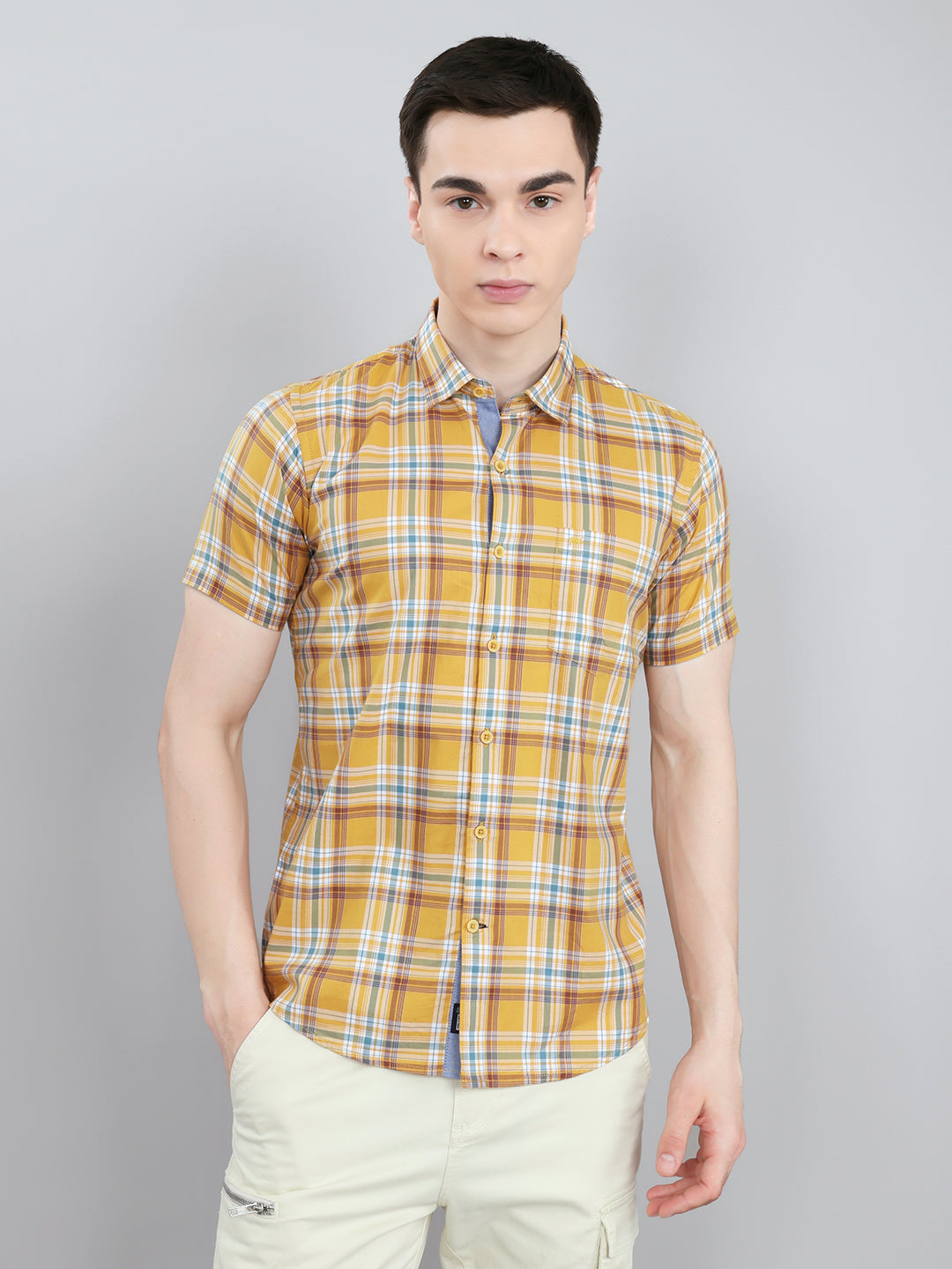 Men Mustard Check Collar Half Sleeve Shirt