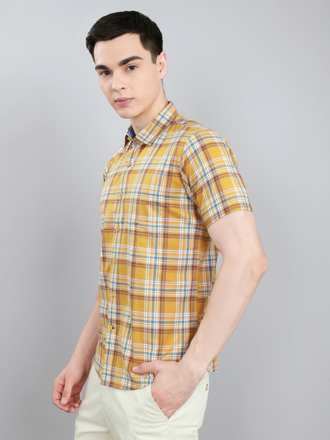 Men Mustard Check Collar Half Sleeve Shirt