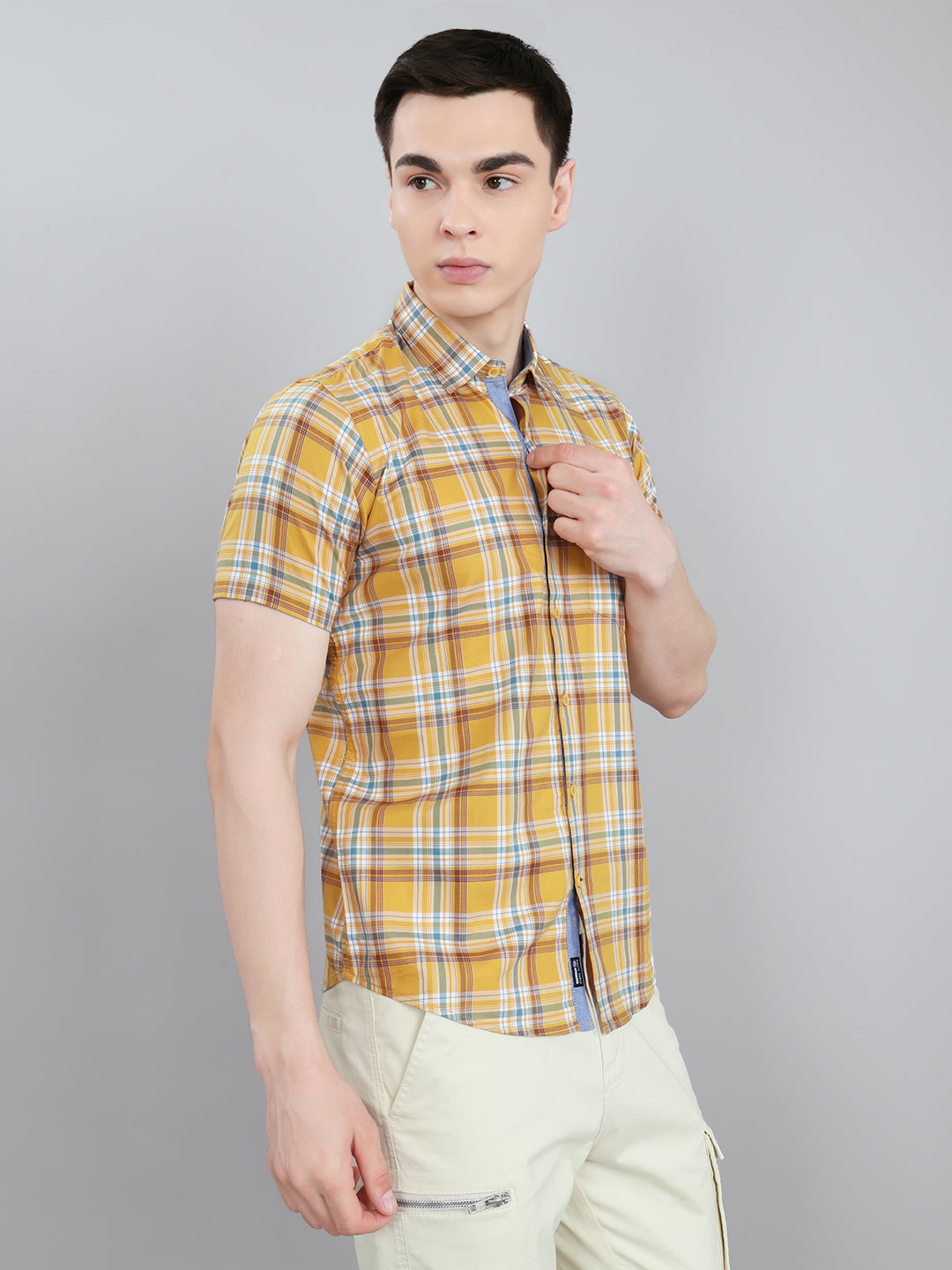 Men Mustard Check Collar Half Sleeve Shirt