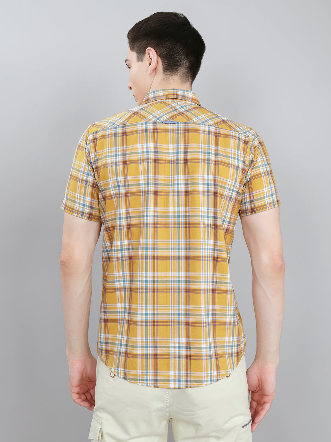 Men Mustard Check Collar Half Sleeve Shirt