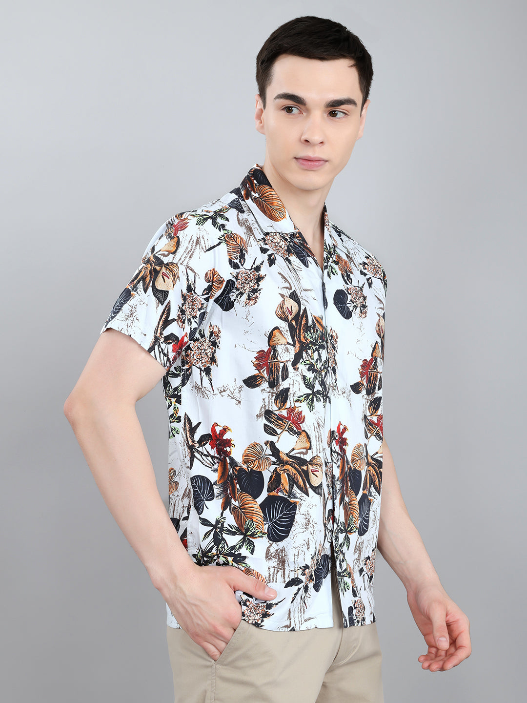Men White Printed Collar Half Sleeve Shirt