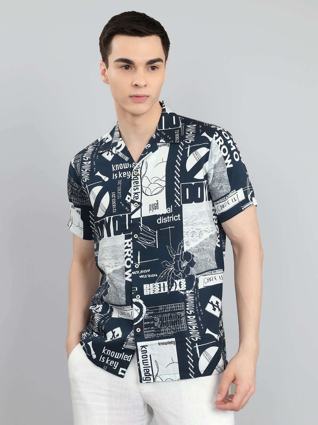 Men Navy Blue Printed Collar Half Sleeve Shirt