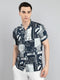 Men Navy Blue Printed Collar Half Sleeve Shirt