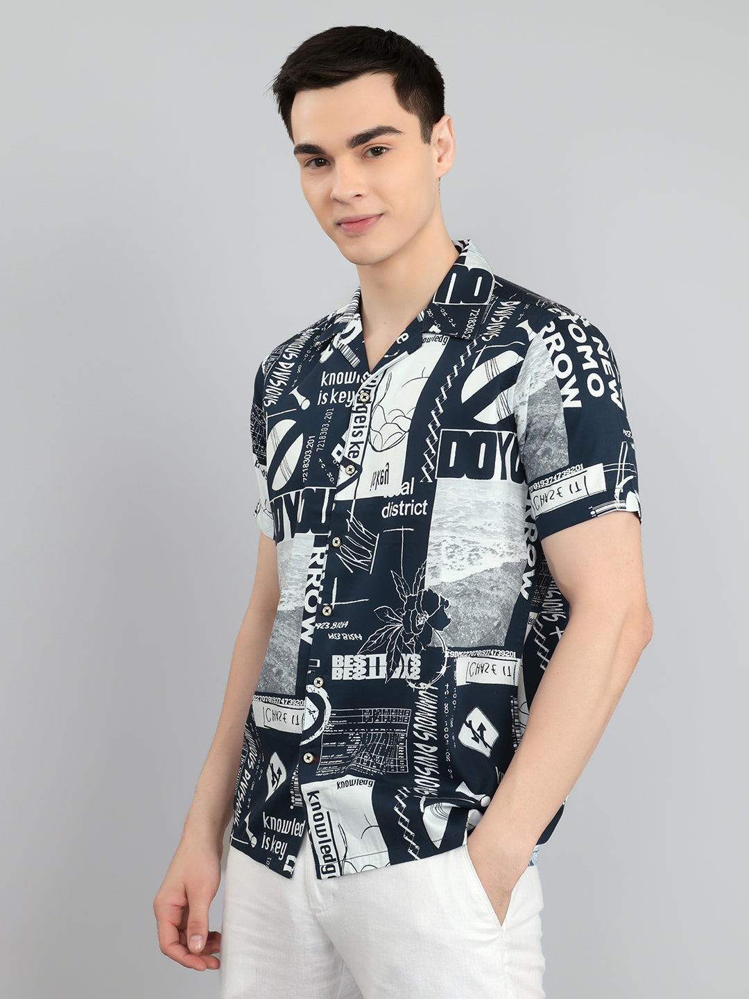 Men Navy Blue Printed Collar Half Sleeve Shirt