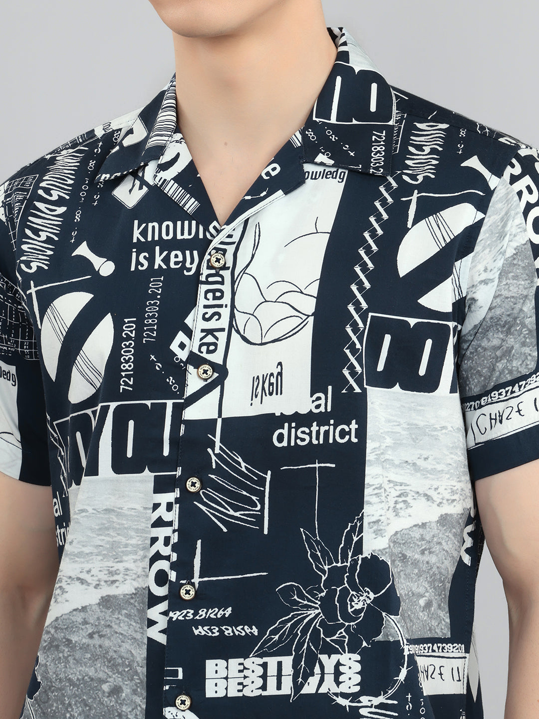 Men Navy Blue Printed Collar Half Sleeve Shirt
