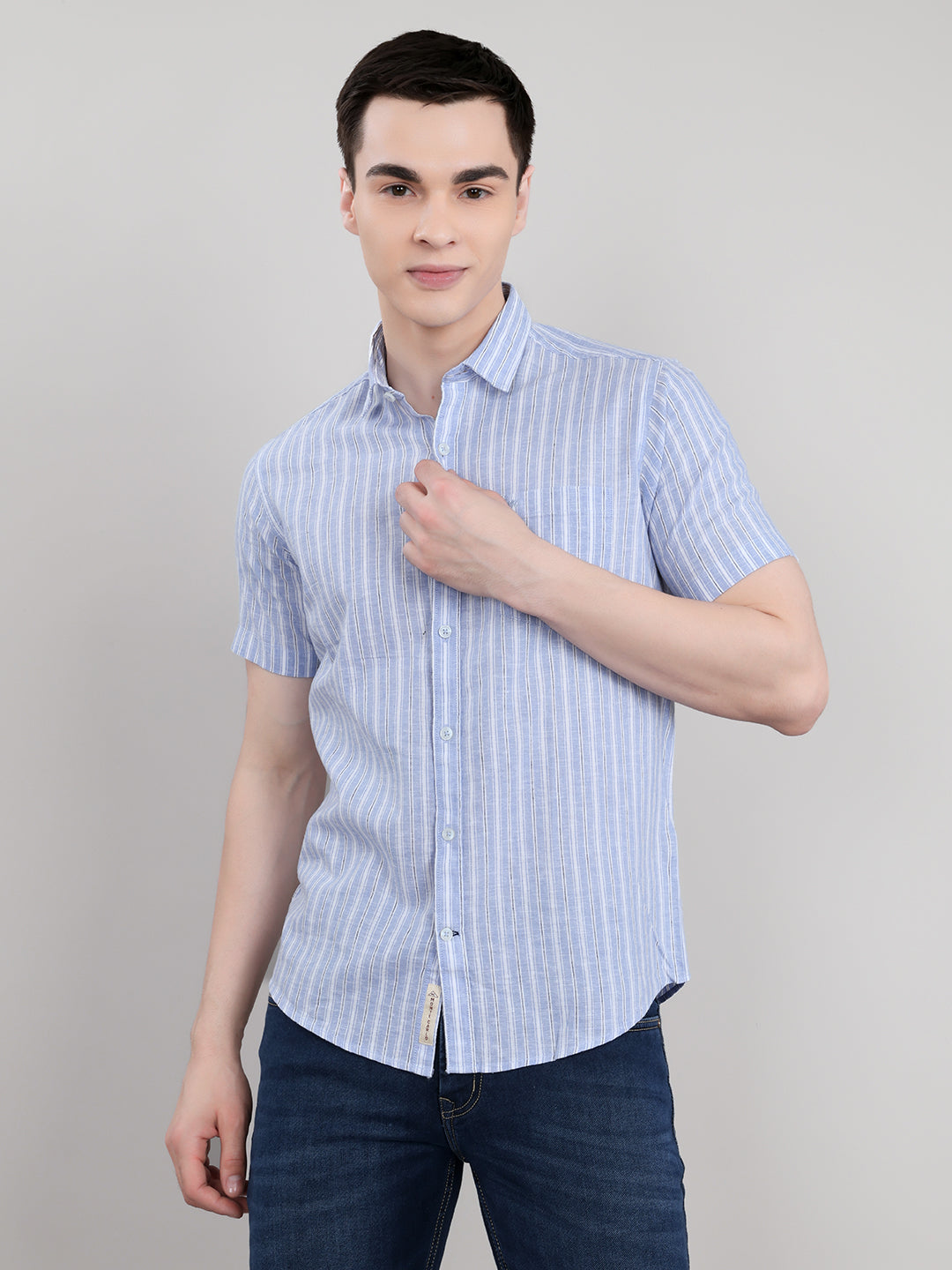 Men Light Blue Stripe Collar Half Sleeve Shirt