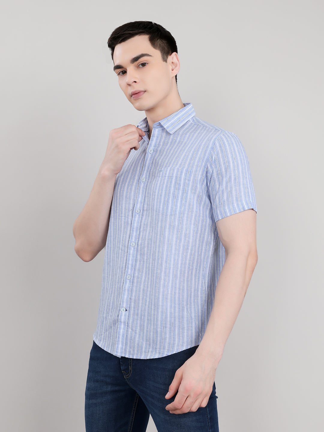 Men Light Blue Stripe Collar Half Sleeve Shirt