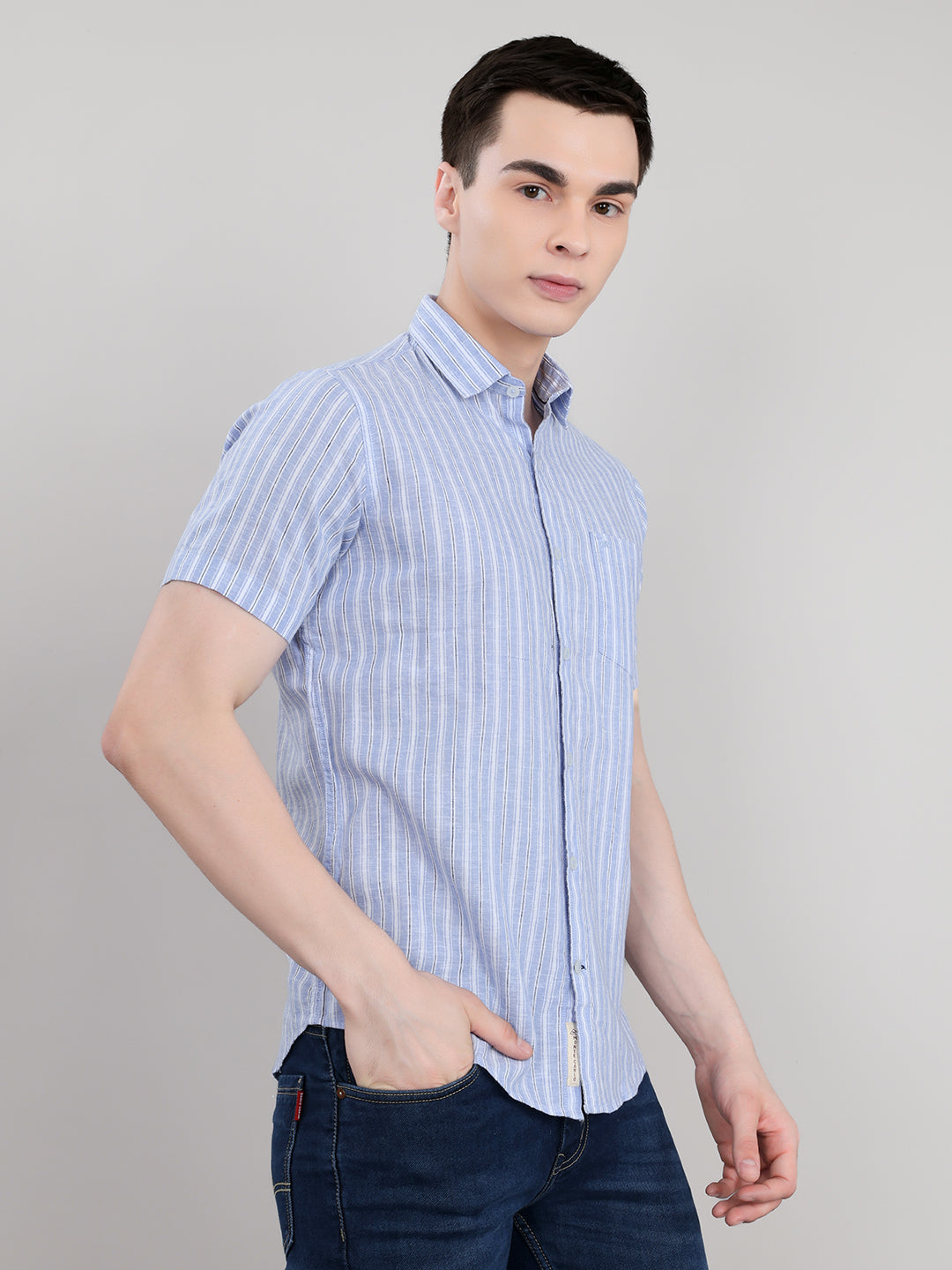 Men Light Blue Stripe Collar Half Sleeve Shirt