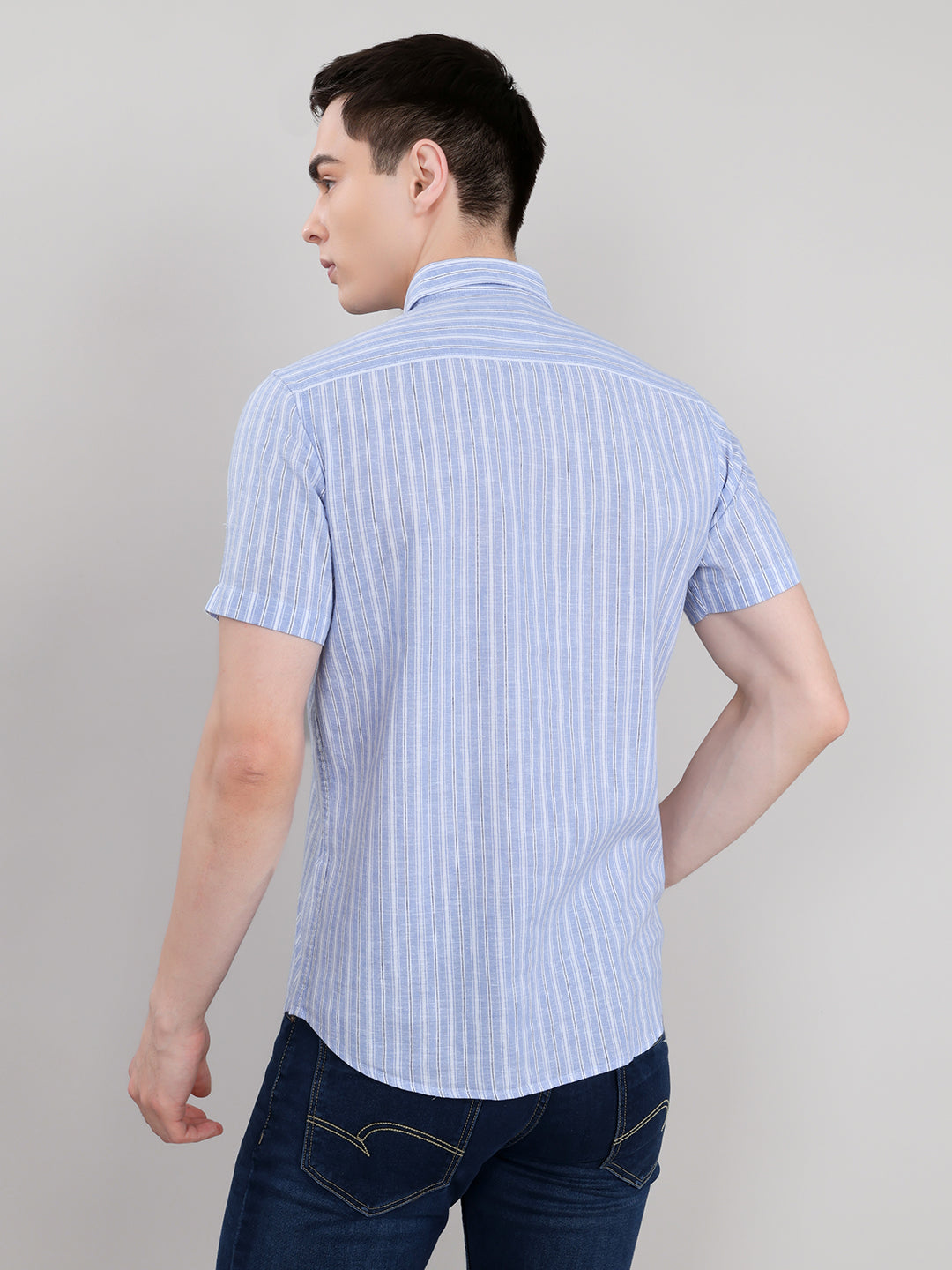 Men Light Blue Stripe Collar Half Sleeve Shirt