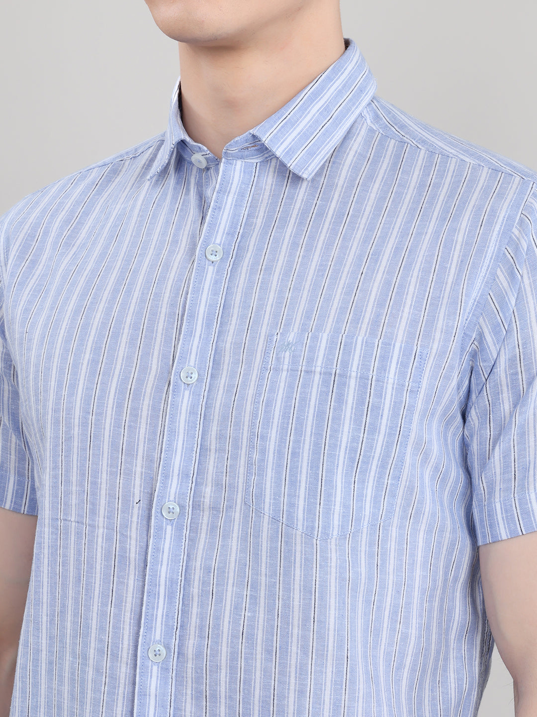 Men Light Blue Stripe Collar Half Sleeve Shirt