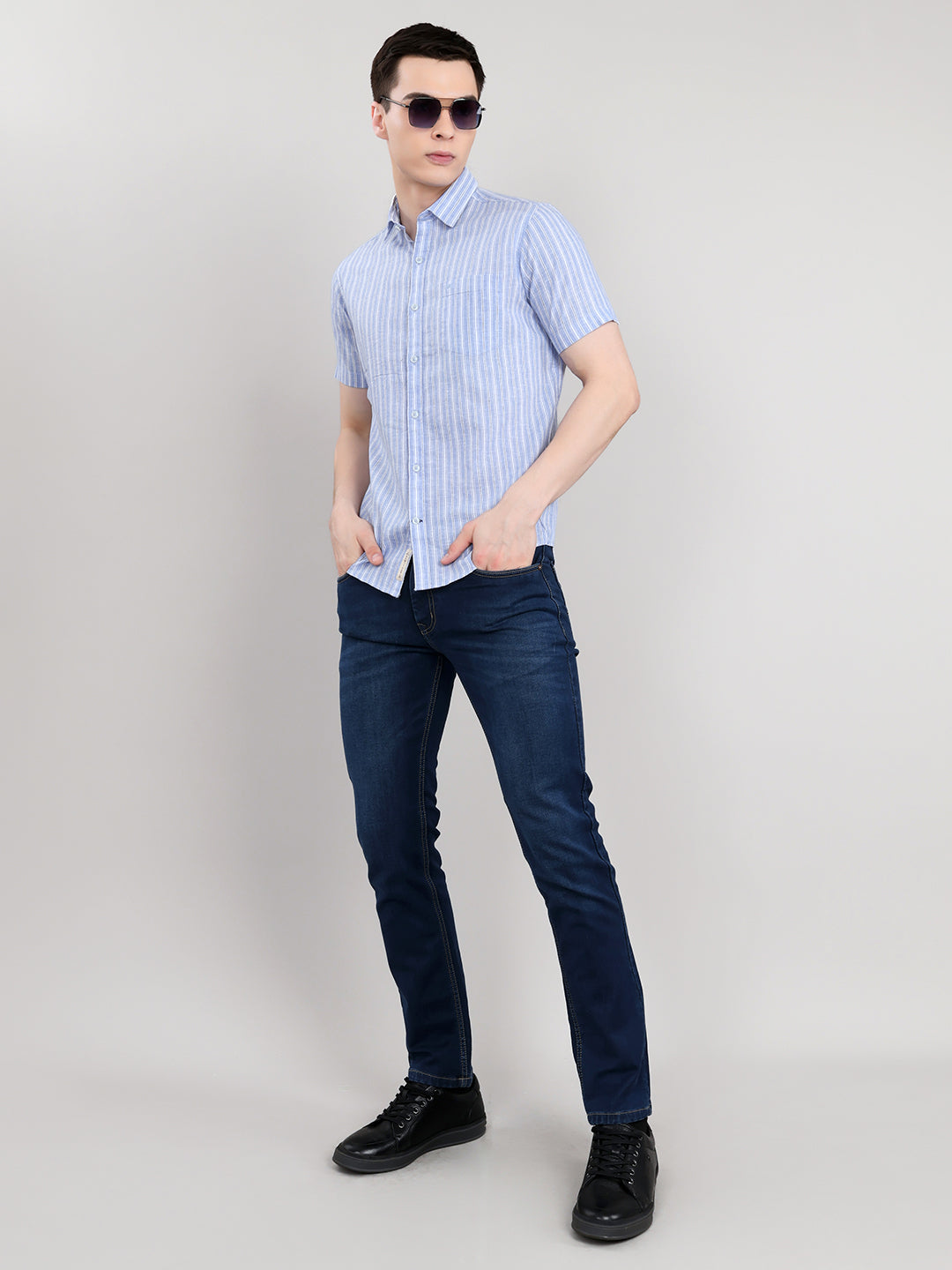Men Light Blue Stripe Collar Half Sleeve Shirt
