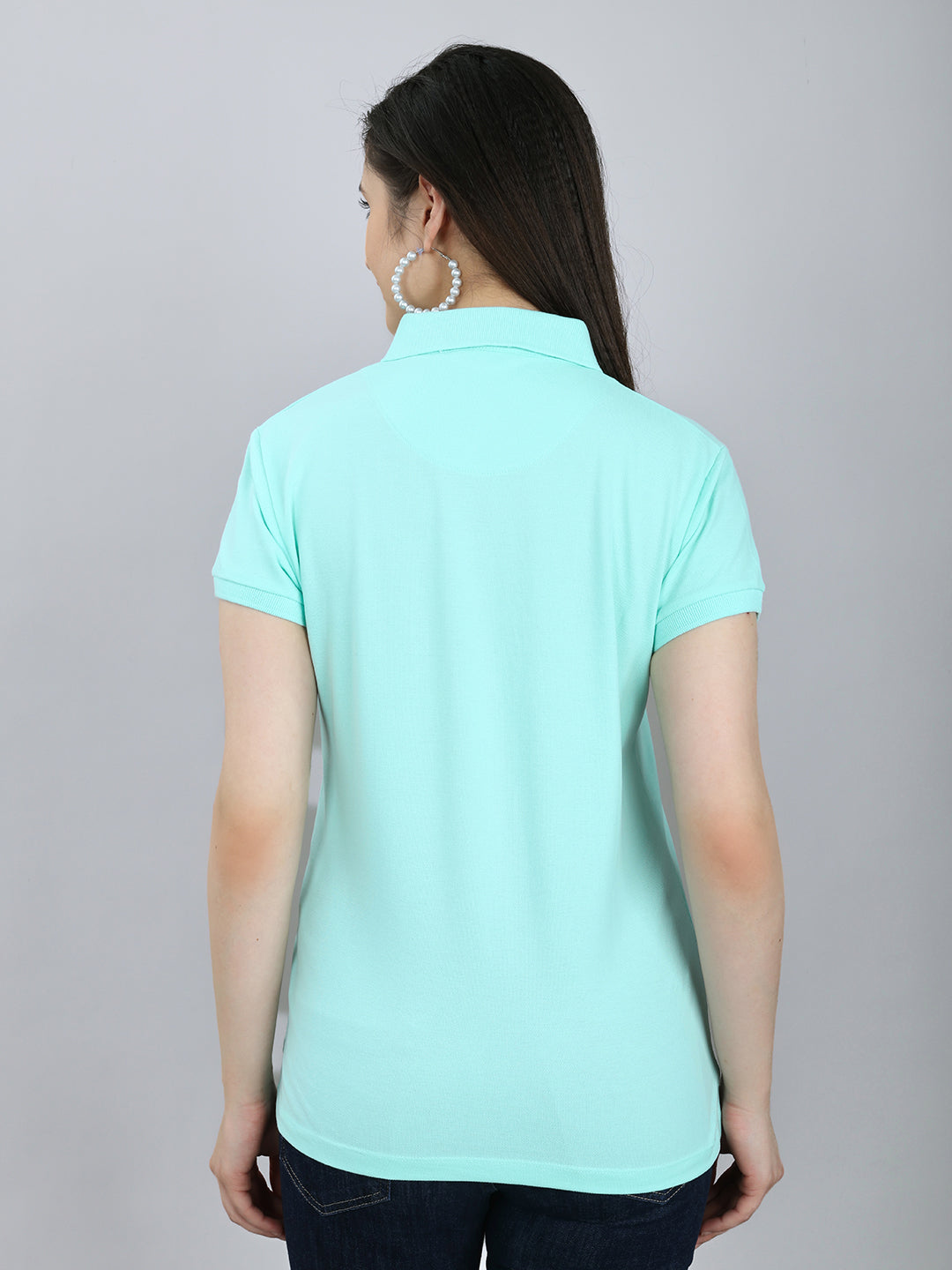 Women Turquoise Blue Solid Collar Half Sleeve T-Shirt