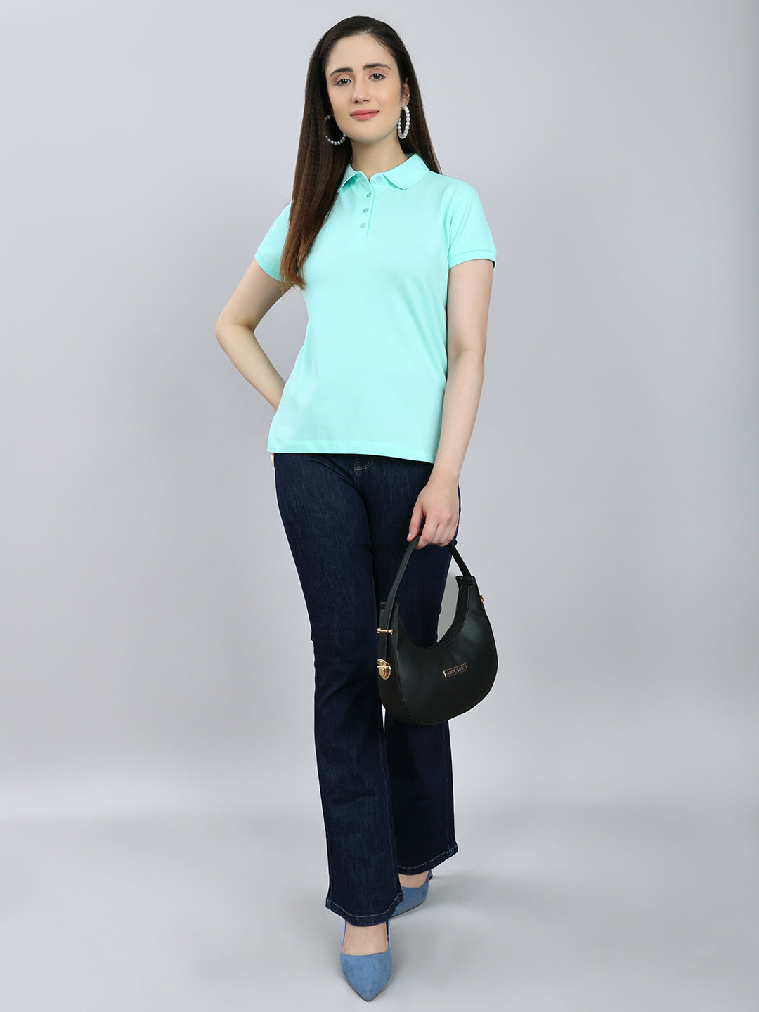 Women Turquoise Blue Solid Collar Half Sleeve T-Shirt