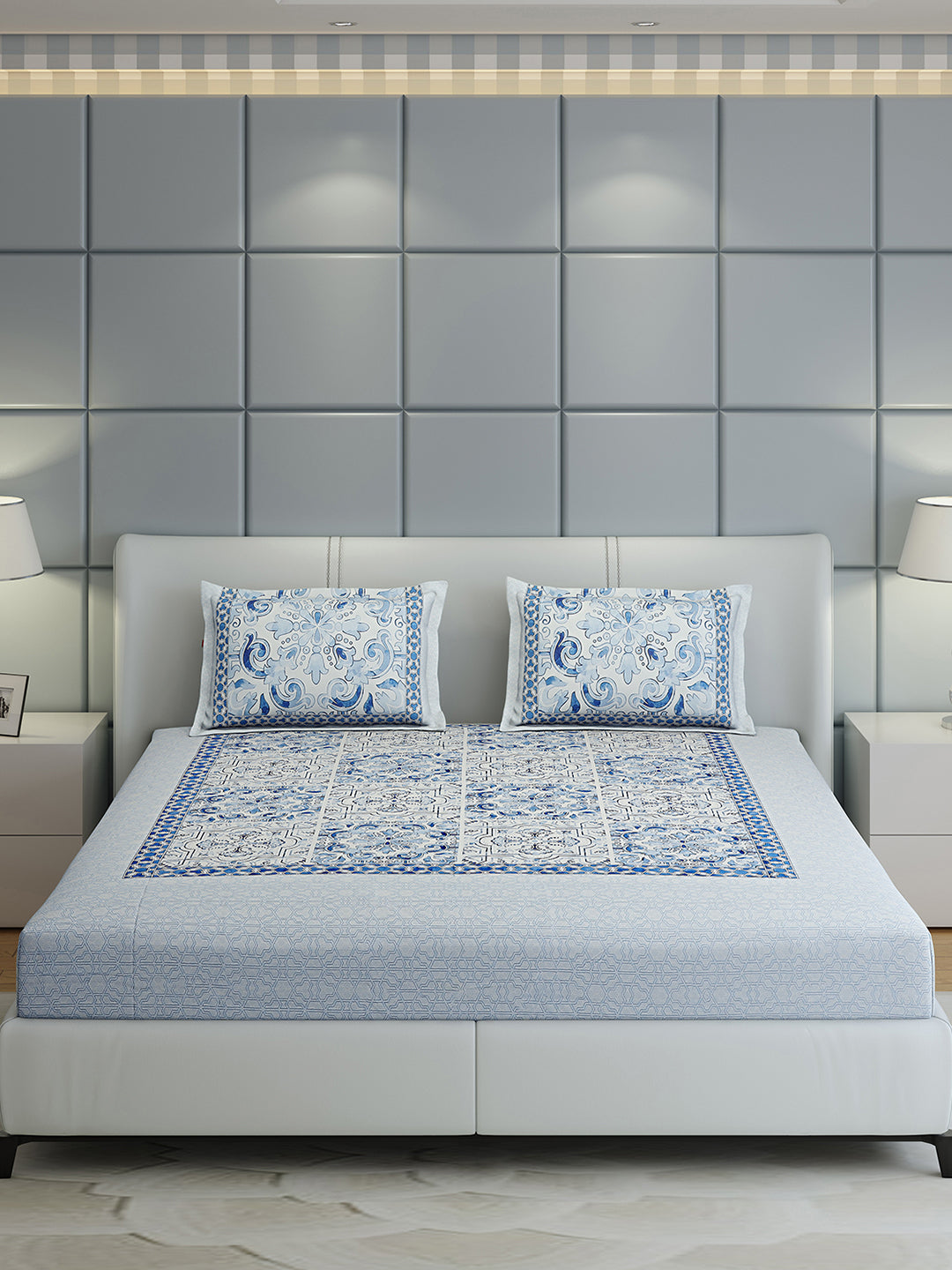 300 TC Cotton Double Bed 1 Bedsheet with 2 Pillow Covers (Morocan)