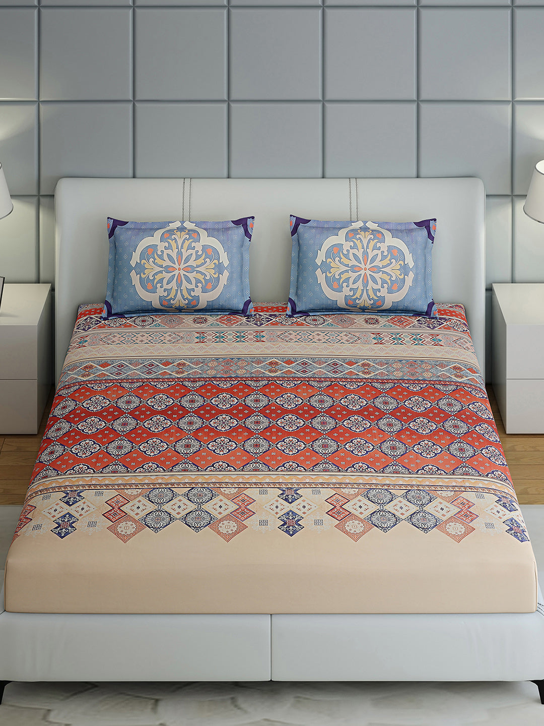 300 TC Cotton Double Bed 1 Bedsheet with 2 Pillow Covers (Morocan)