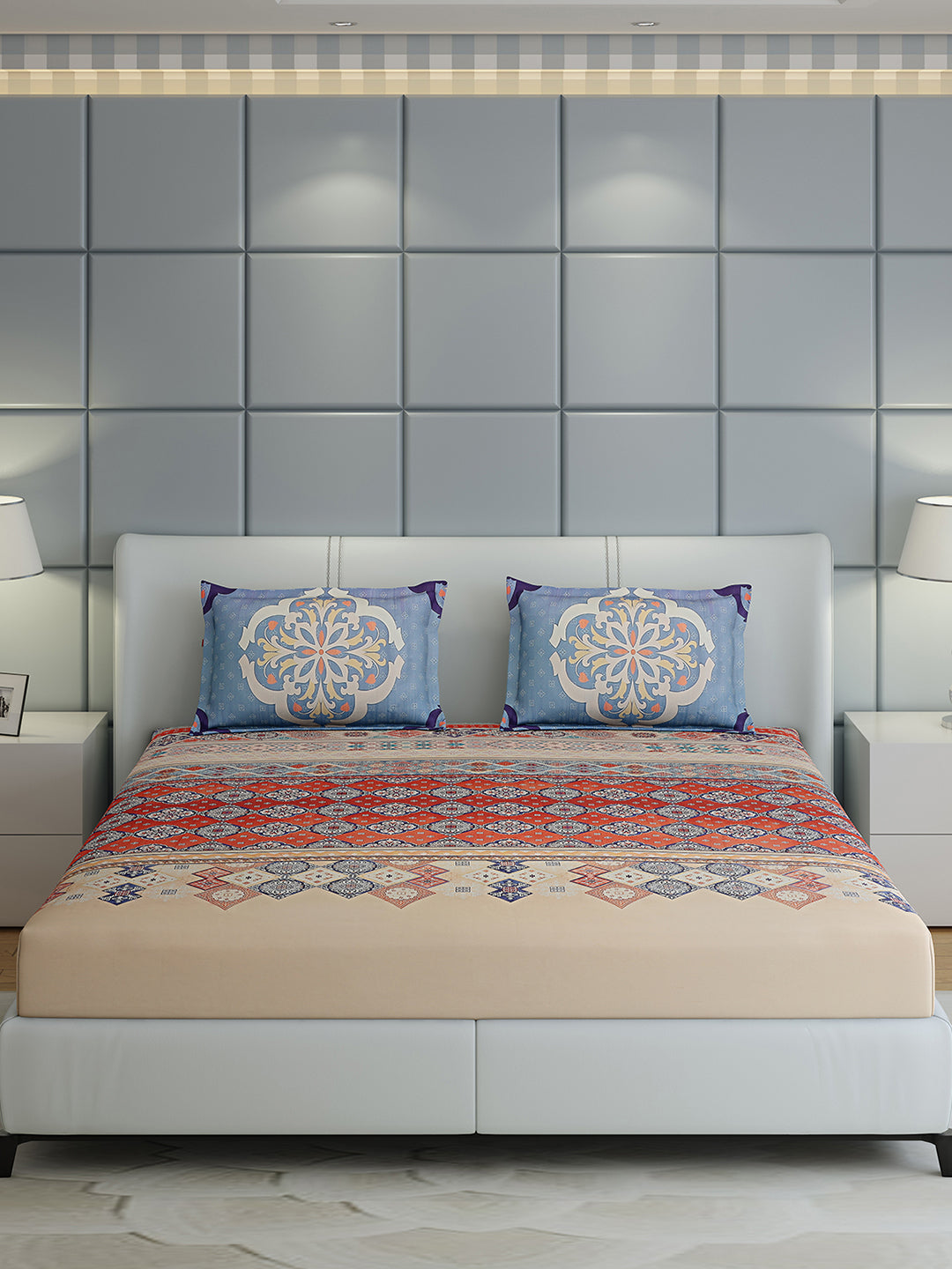 300 TC Cotton Double Bed 1 Bedsheet with 2 Pillow Covers (Morocan)