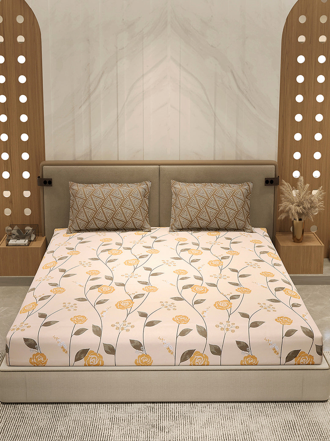 110 GSM Polyester Double Bed 1 Bedsheet with 2 Pillow Cover (Aromatica)