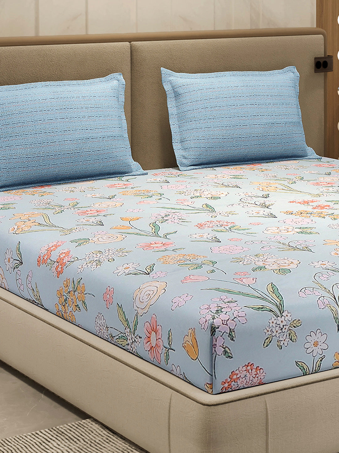 110 GSM Polyester Double Bed 1 Bedsheet with 2 Pillow Cover (Aromatica)