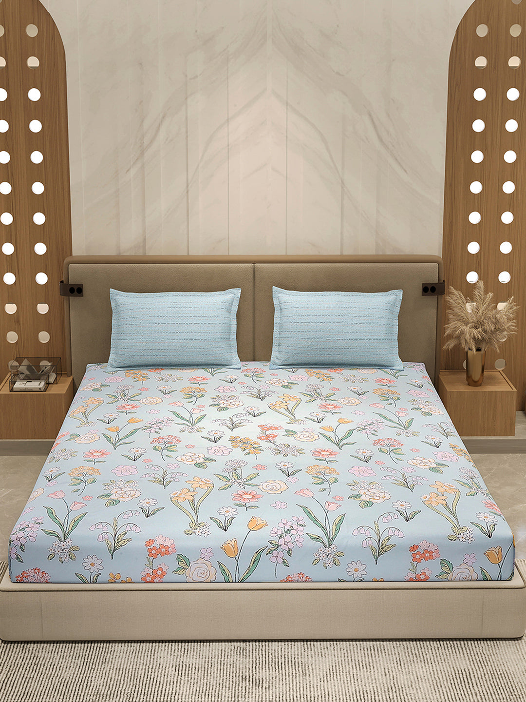 110 GSM Polyester Double Bed 1 Bedsheet with 2 Pillow Cover (Aromatica)