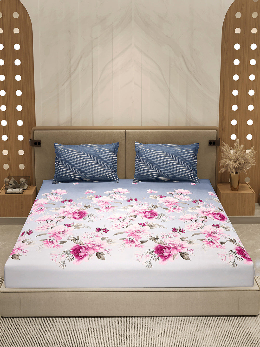 110 GSM Polyester Double Bed 1 Bedsheet with 2 Pillow Cover (Aromatica)